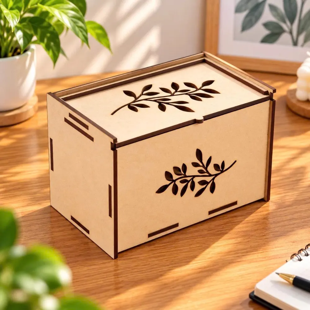Hộp gỗ nắp trượt hoạ tiết hoa lá, thiên nhiên, ảnh 1