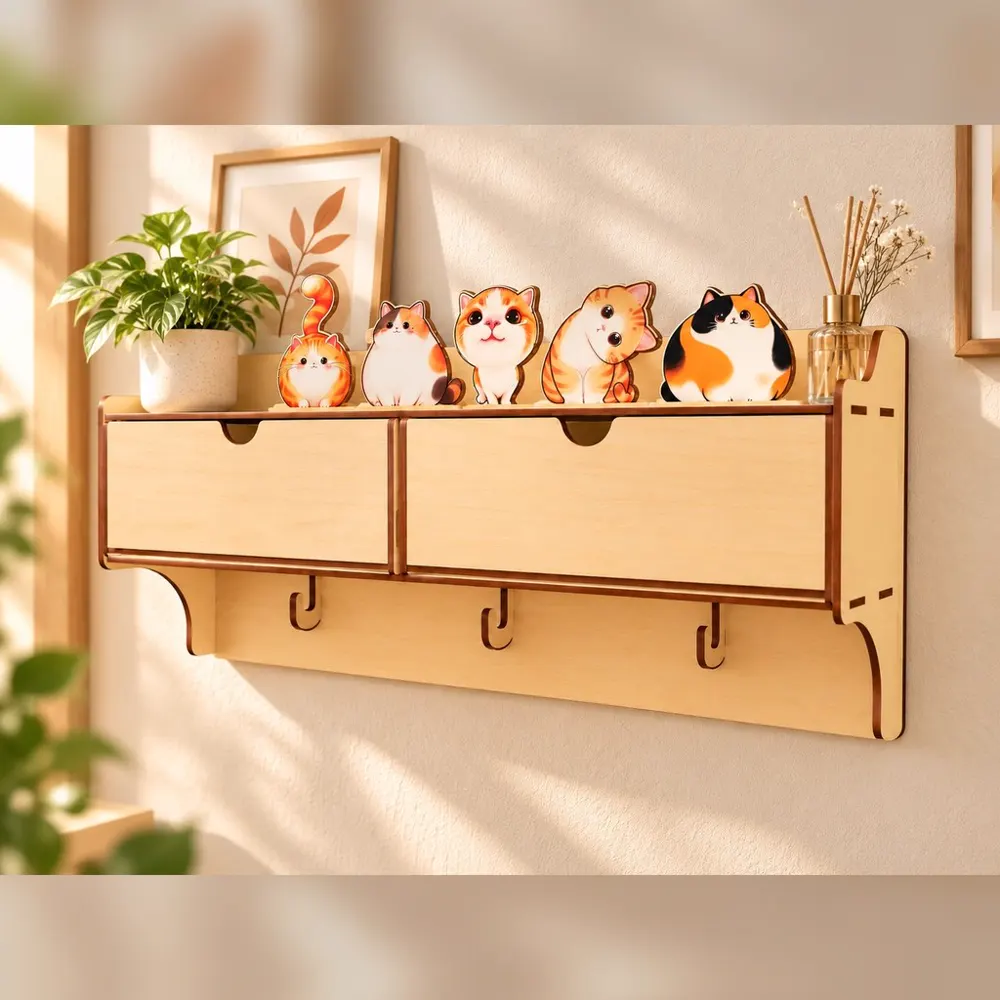 Kệ treo tường có ngăn kéo hoạ tiết mèo cam, ảnh 1