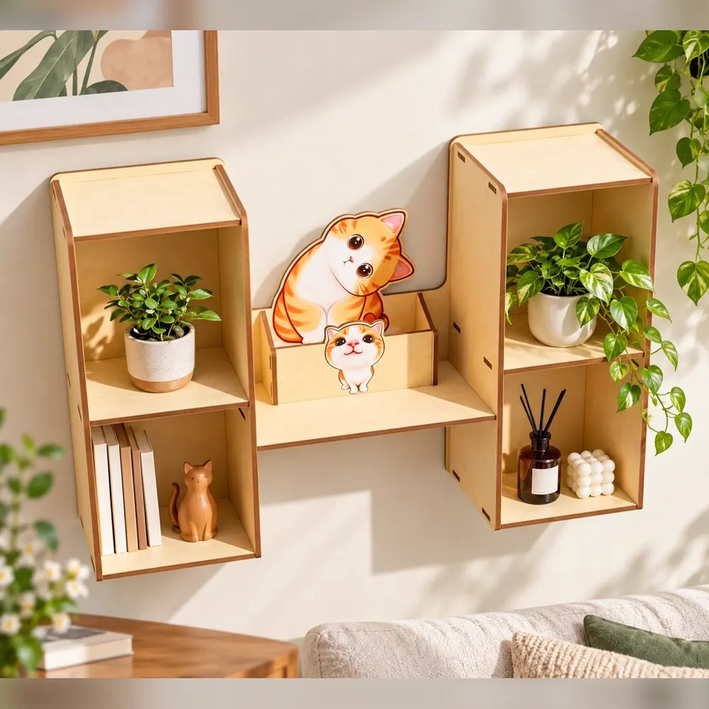 Kệ treo tường có ô tủ hoạ tiết mèo cam, ảnh 1