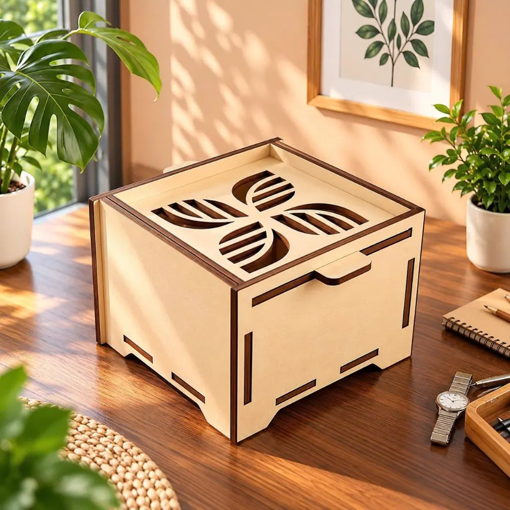Hộp gỗ nắp trượt lá art deco hoạ tiết cắt laser thủng, ảnh 1