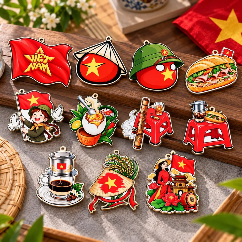 Móc khoá gỗ in hình Việt Nam: cờ đỏ, áo dài, nón lá, bánh mì, ảnh 1