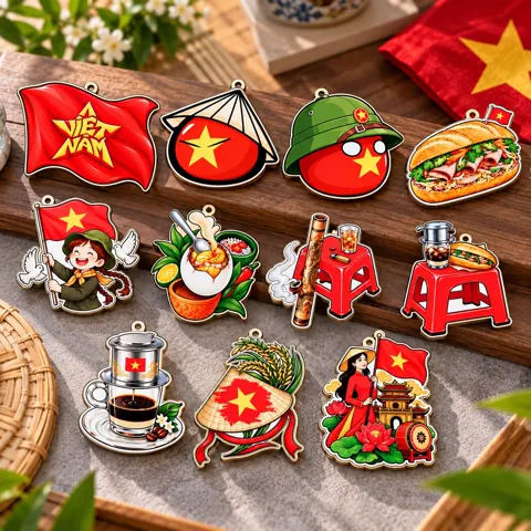Móc khoá gỗ in hình Việt Nam: cờ đỏ, áo dài, nón lá, bánh mì