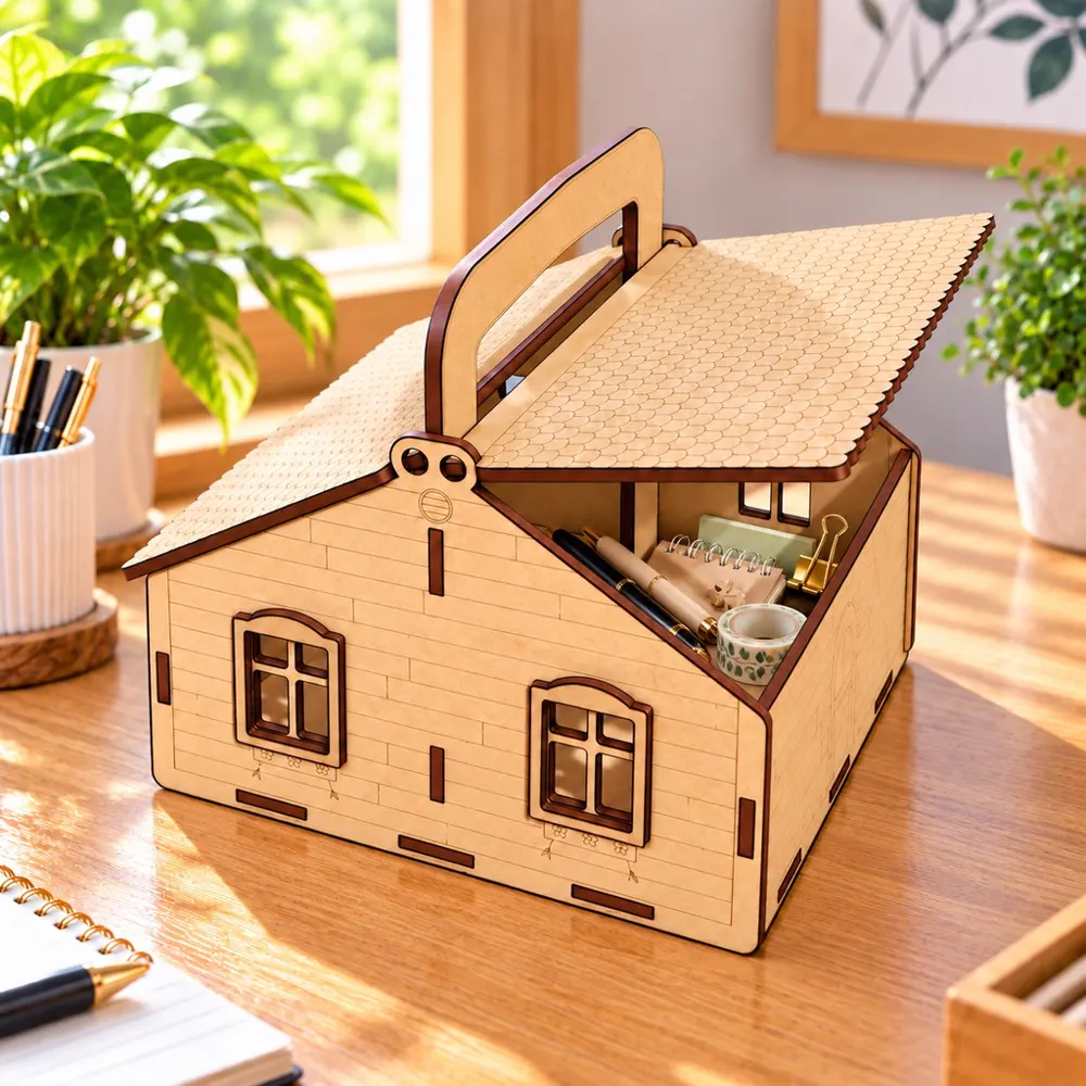 Hộp quai xách gỗ đựng đồ và decor hình ngôi nhà xinh xắn, ảnh 1