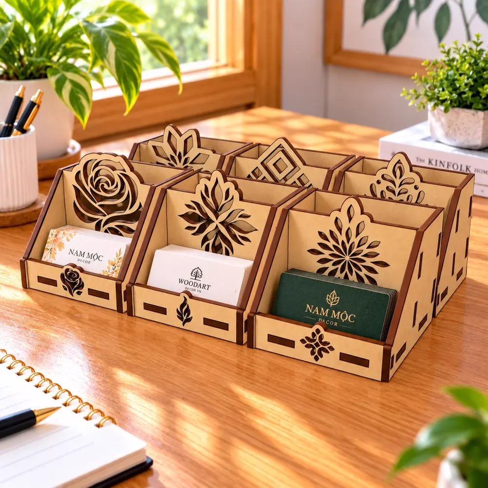 Kệ 2 ngăn đựng danh thiếp và bút hoạ tiết hoa văn xinh xắn, ảnh 1